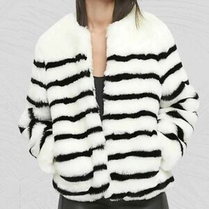 GAP Faux Fur Black/White Stripe Coat NEW